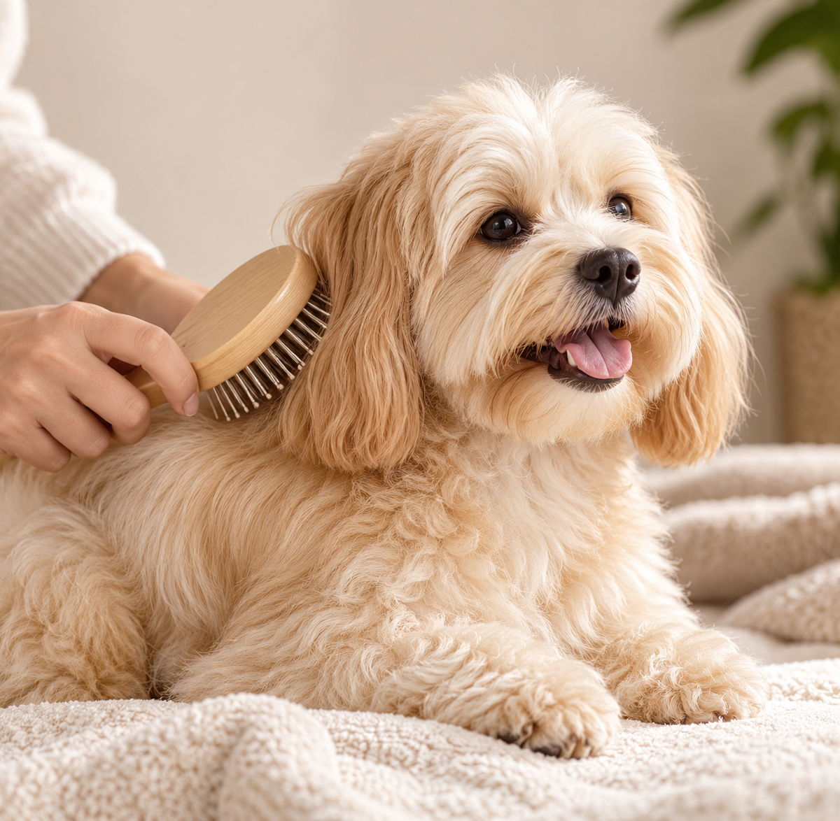 Dog enjoying gentle grooming with a wooden brush in a neutral setting