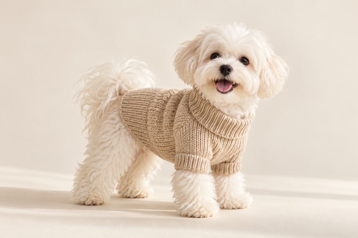 Small white dog wearing an oatmeal knitted sweater against a cream studio background