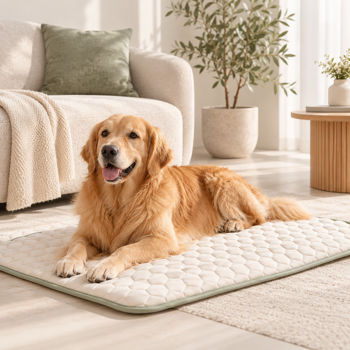 Dog resting on a cream quilted pet mat in a calm neutral living room