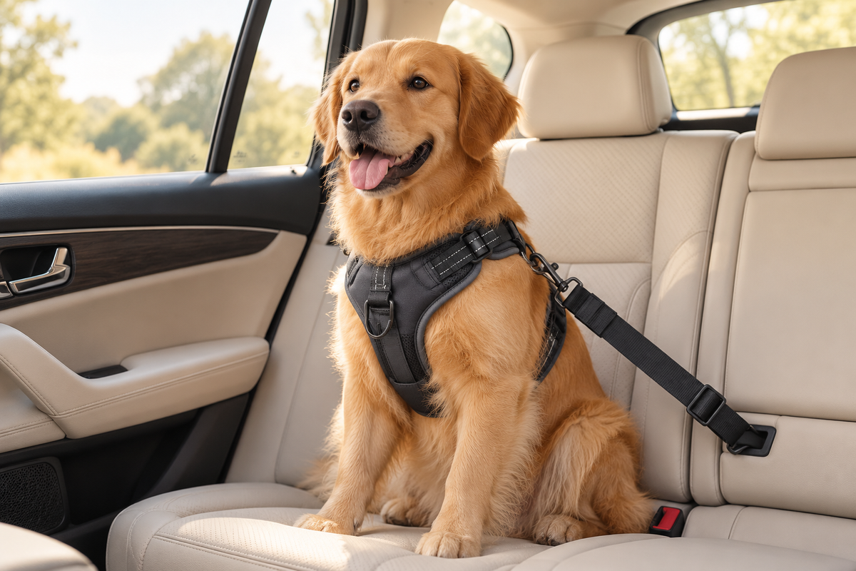 Golden retriever wearing a charcoal car safety harness in a beige car